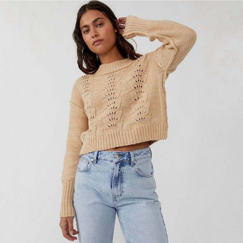 Free People Bell Song sweater sandcastle tan cropped pullover women's size XS